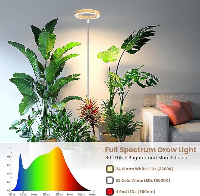 Kullsinss Grow Lights for Indoor Plants, Full Spectrum Plant Grow Light with 6/12/16H Timer, 3 Color Modes, 5 Brightness, 10"-65" Height Adjustable Growing Lamp for Large Indoor Plants (2 Pack)