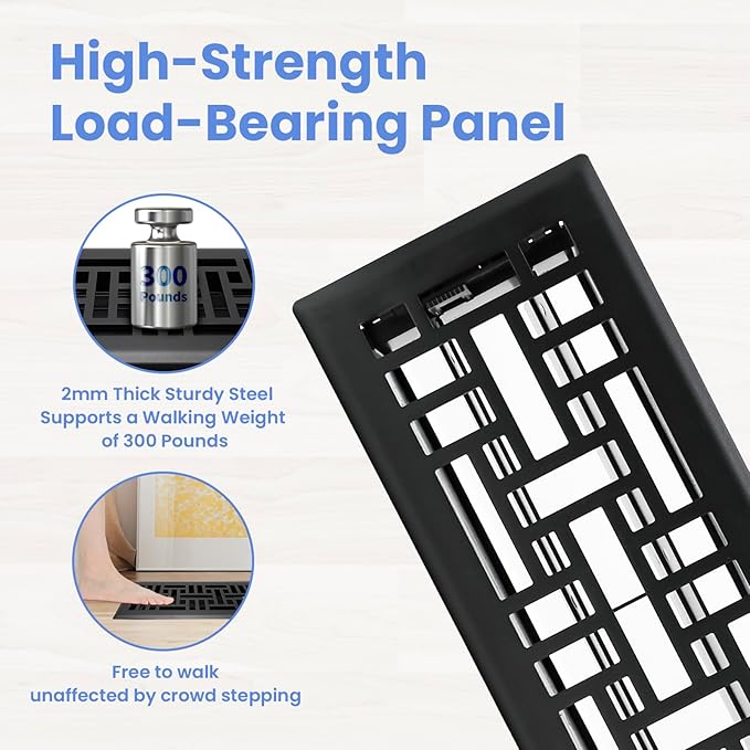 Howeall 4x12 Inches Heavy Duty Walkable Floor Register Easy Adjust Air Supply Lever Floor Vents - Seattle Design - Vent Cover for Home Floor - Matte Black