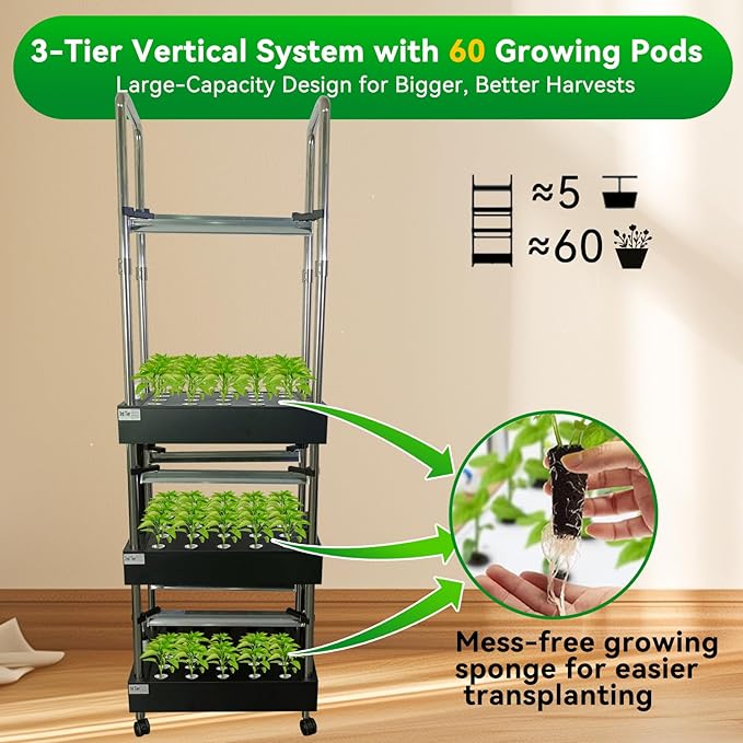 3-Tier Hydroponics Growing System Kit, 60-Pod Indoor Garden with Adjustable Full-Spectrum LED Grow Light, Auto Water Circulation Smart Growing System for Herbs, Vegetables & Climbing Plants
