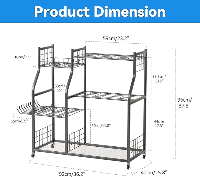 Garden Garage Tool Organizer 35-Slot with Wheels, Adjustable Feet Yard Tool Rack for Shovels, Rakes, Brooms and Cleaning Equipment (Black B)