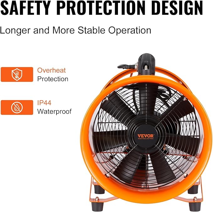 VEVOR Air Mover Blower Fan 12 Inch, 3198CFM 585W with 16.4ft Flexible Duct, Industrial Portable Ventilator Blower/Exhaust, Orange