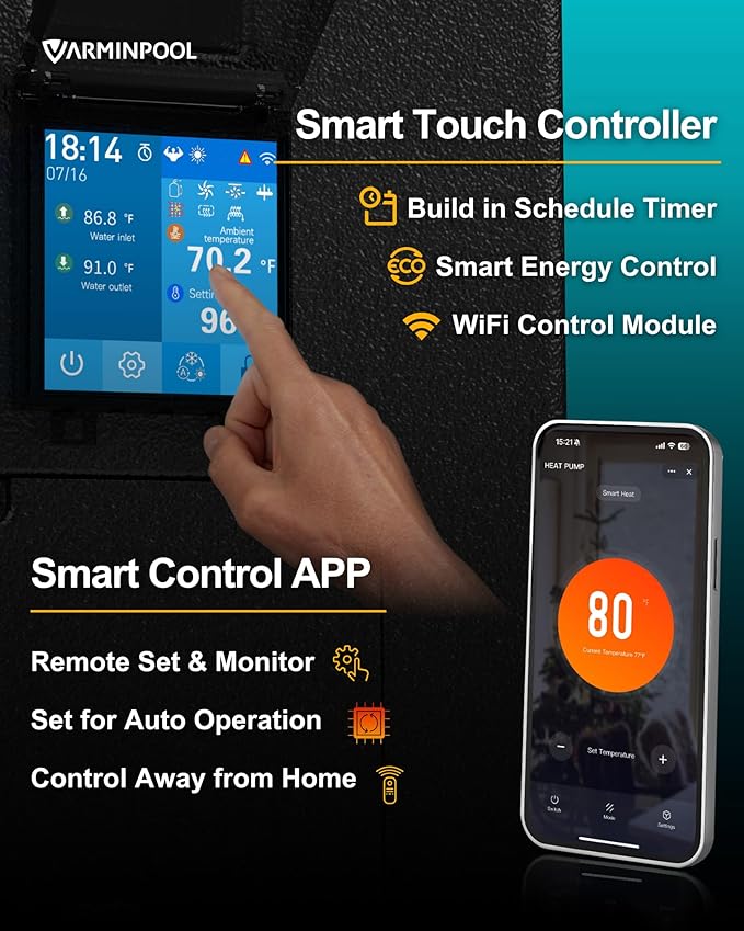 Pro Invert 65000BTU Electric Pool Heat Pump for 20,000 Gallon Above and Inground Pools, Inverter Smart Electric Pool Heater with WiFi, Timer Function, Heating & Cooling Modes, 220V, V18 Pro