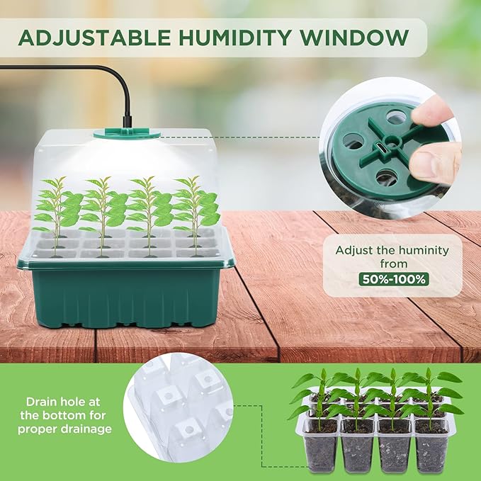 7-Pack Seed Starter Kit with Grow Light (12 Cells per Tray), Plant Germination Trays with Adjustable Humidity Dome Seed Trays Seedling Starter with Base Trays for Germination