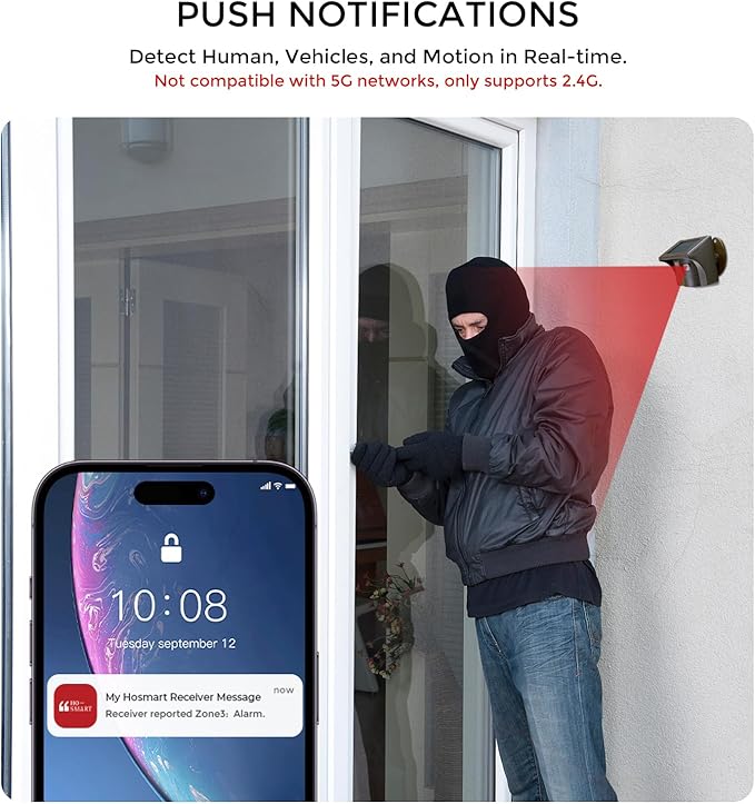 eMACROS Pro 3 Smart Solar Driveway Alarm System (2.4G Wi-Fi), App Push Notifications, 1/2 Mile (2600 ft) Wireless Range Motion Sensor & Plug-in Receiver, Weatherproof Property Alert (No Camera)