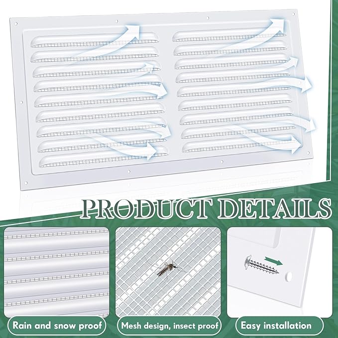 2 Pcs 14 x 6 Inch Aluminum Gable Vents Attic Vents Metal Gable Wall Shed Vent with Screw and Screen Mesh, Square Return Louver Grille for Ventilation Exterior Door House Attic Garage Ceiling