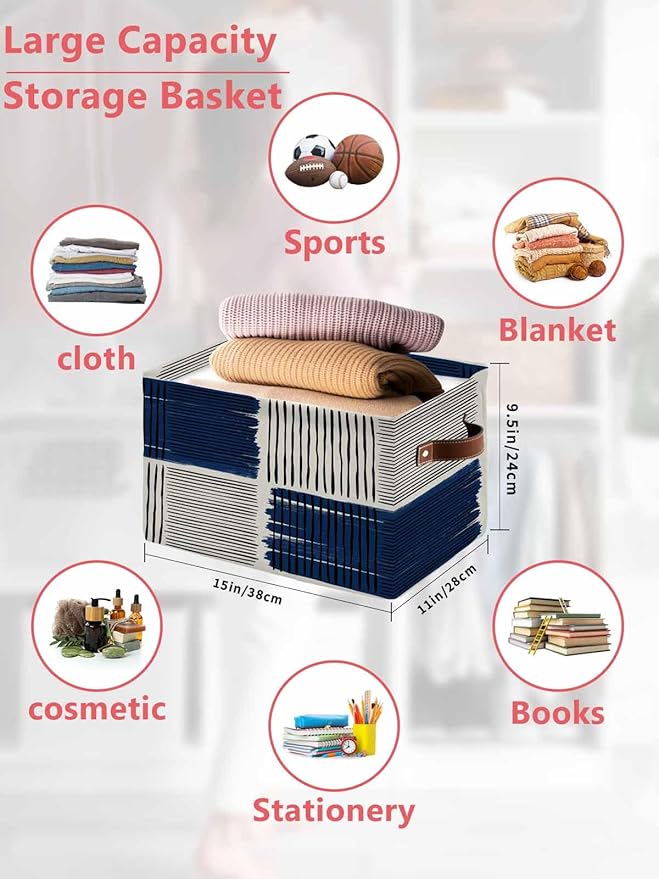 Navy Blue Striped Storage Bins Cubes Waterproof Cloth Storage Basket,Farmhouse Stripes Modern Abstract Art Foldable Storage Bags for Shelf Clothes Storages Organizers with Handles 15x11x9.5 in 1PCS