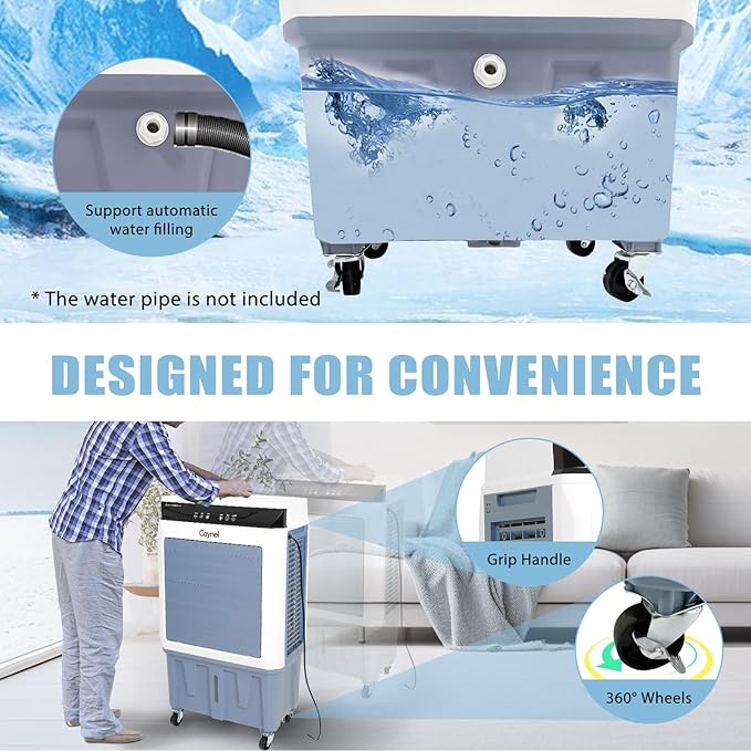 CAYNEL Evaporative Air Cooler, 120W Cooler with 8 Gallon Water Tank, Touch Screen and Remote Control, 12 Hour Timer, 3 Fan Speeds, Outdoor Air Cooler for Yard, Patio, Porch, Factory