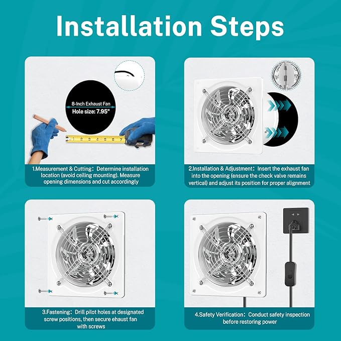 HG Power 8 Inch Exhaust Fan, Kitchen Exhaust Fan With Switch 576CFM Wall Mounted, Extractor Ventilation Fan For Attic, Greenhouse, Basement, Shed, White