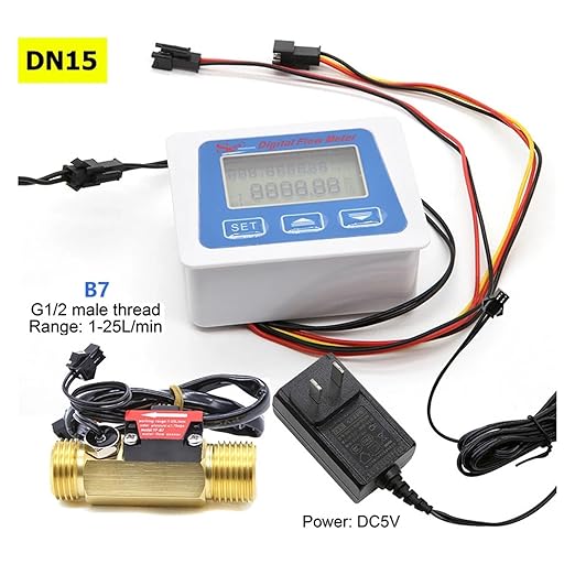 Smart Digital Water Flow Meter Set LCD Flow Rate Monitor Inline Electronic Flow Sensor with Temperature Display G1 G1/2 G3/4 Accurate Measurement(B7-DN15-DC5V)