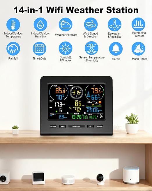 Urageuxy Weather Station, Weather Stations Wireless Indoor Outdoor with 7-in-1 Outdoor Sensor, Smart WiFi Weather Monitor-Rain Gauge, Wind Speed, Temperature, Humidity, UV, Light, Weather Forecast