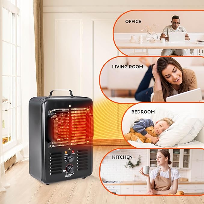 BEYOND HEAT Milkhouse Space Heater, 1300W/1500W Electric Heater with Thermostat, 3 Heat Settings, Safe and Quiet Heater for Garage Workshop Warehouse, Black 2-Pack