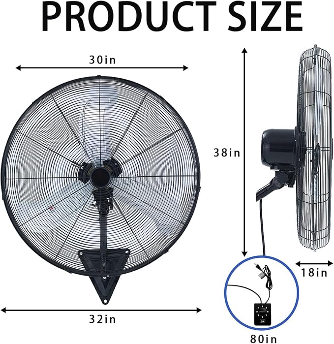 30" Wall Mount Fan, 9500CFM Heavy Duty Wall Fan with 3-Speed & Adjustable Tilt, 30 Inch High Velocity Industrial Oscillating Fans for Garage, Factory, Patio, Indoor, Porch, Shop & Commercial Use