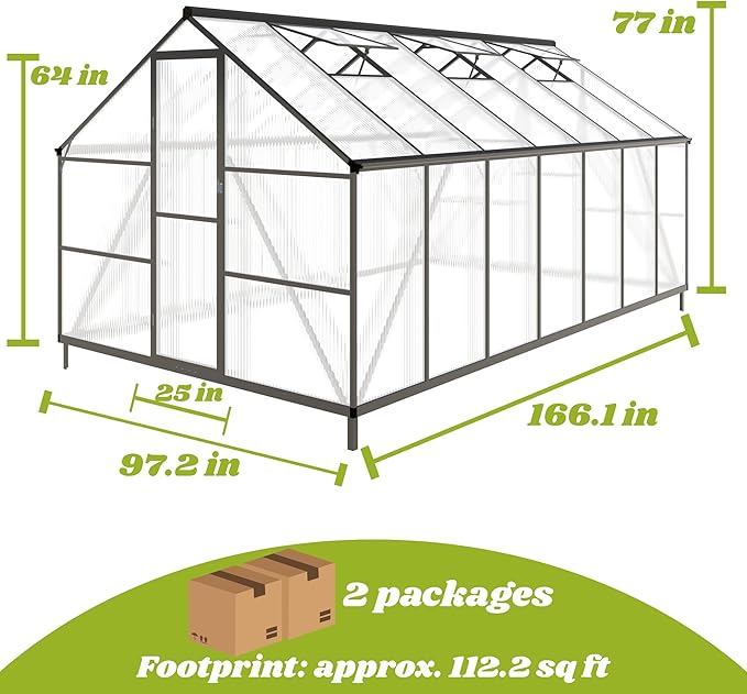 8x14 FT Greenhouses for Outdoors, Polycarbonate Greenhouse with PC Panels, Greenhouses for Outdoors for Yard, Garden, Hobby, Charcoal Black