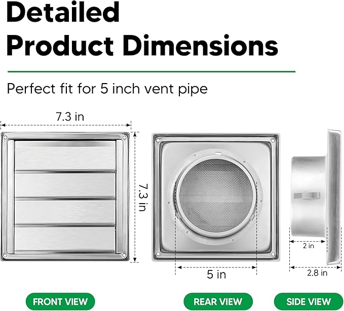Funmit 5'' Metal Dryer Vent Cover with Fine Mesh Screen, 7" x 7" Stainless Steel Exterior Exhaust Louvered Outdoor Vent Cover Includes 4 Screw for Easy Installation