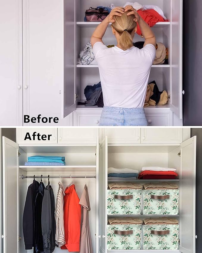 Botanical Leaves Storage Bins Cubes Waterproof Cloth Storage Basket, Weeping Berry Spring Plants Summer Foldable Storage Bags for Shelf Closet Clothes Organizers with Handles 15x11x9.5 in 2PCS