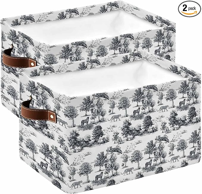 Tiger Leopard Storage Bins Cubes Waterproof Cloth Storage Basket, Farmhouse Retro Nature Forest Trees Animals Foldable Storage Bags for Shelf Closet Clothes Organizers with Handles 15x11x9.5 in 2PCS