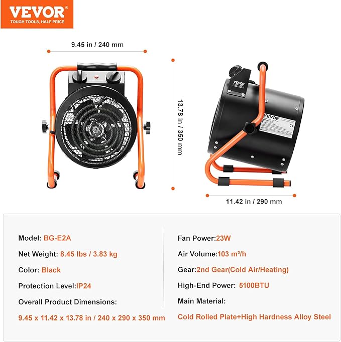 VEVOR Greenhouse Warmer, 1500W Quick Heat Function with Safety Overheat Cut-off, Dual Speed Options Compact Heater for Seedling Tents, Electric Mobile Heating Unit for Gardening Spaces, Work Areas,