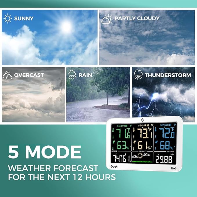 OBET Weather Station Wireless Indoor Outdoor Thermometer with 3 Sensors, Temperature Humidity Monitor with Alerts 500ft Range and 3 Adjustable Brightness White