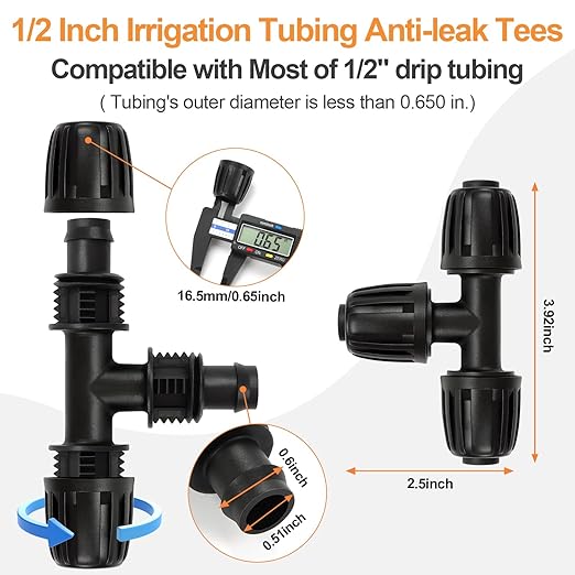 12 Pieces 1/2 Inch Drip Irrigation Tee Fittings, 1/2'' Drip Line Barbed Locked Tee Connectors for 1/2 Inch Irrigation Tubing (1/2" ID x 0.650" OD) Anti-leak 3-Way Irrigation System Parts