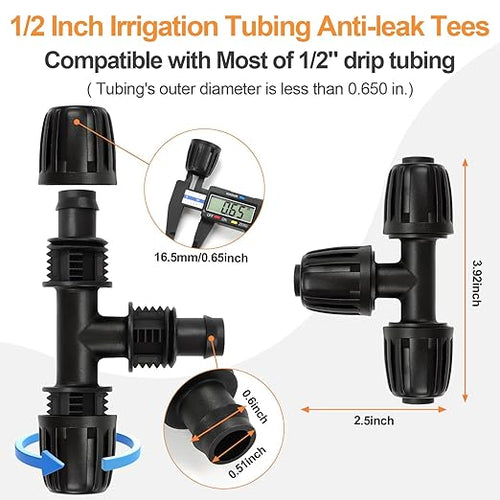 12 Pieces 1/2 Inch Drip Irrigation Tee Fittings, 1/2'' Drip Line Barbed Locked Tee Connectors for 1/2 Inch Irrigation Tubing (1/2" ID x 0.650" OD) Anti-leak 3-Way Irrigation System Parts