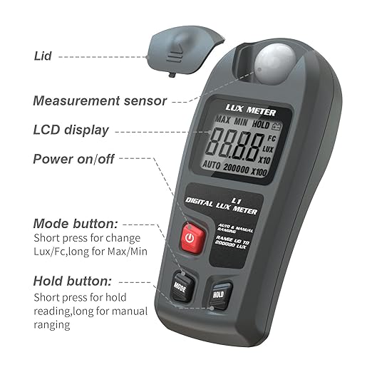 Digital Illuminance Light Meter Lux Meter with LCD Display, 0～200,000 Lux Measure Range, Lux FC Unit Selection for Homes, Warehouses, Farms, Stage, Stadiums