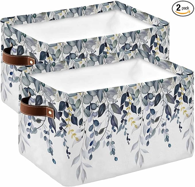 Blue Grey Eucalyptus Storage Bins Cubes Waterproof Cloth Storage Basket,Watercolor Spring Weeping Botanical Foldable Storage Bags for Shelf Clothes Storages Organizers with Handles 15x11x9.5 in 2PCS