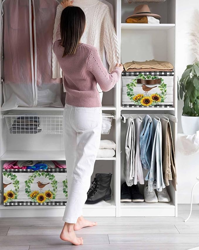 Spring Eucalyptus Sunflower Storage Bins Cubes Waterproof Cloth Storage Basket,Farmhouse Birds Gray Wood Foldable Storage Bags for Shelf Clothes Storages Organizers with Handles 15x11x9.5 in 1PCS