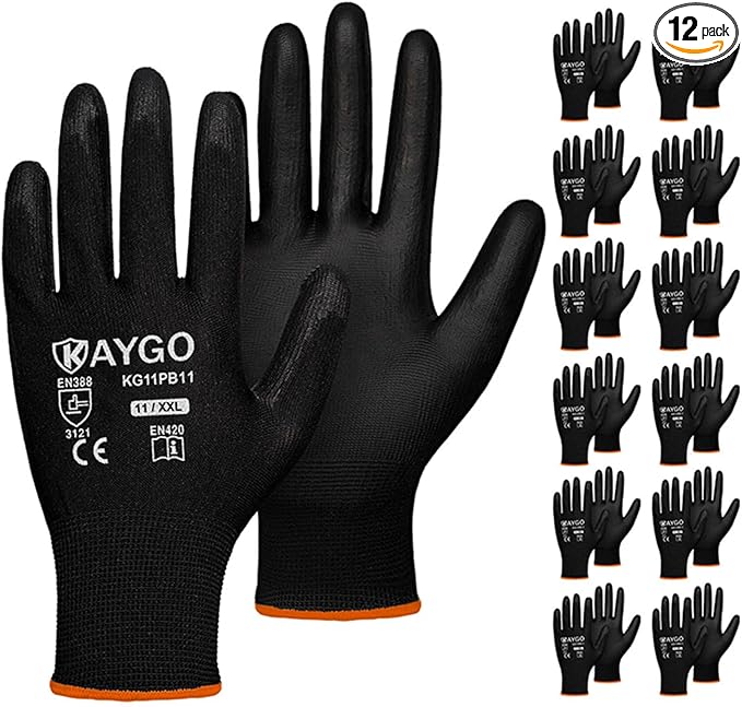 KAYGO Work Gloves for Men and Women,12 Pairs Seamless Knit PU Coated Safety Gloves, with Smooth Grip on Palm and Fingers, Ideal for Light Warehouse, Manufacturing, Gardening, KG11P (2XL, Black)