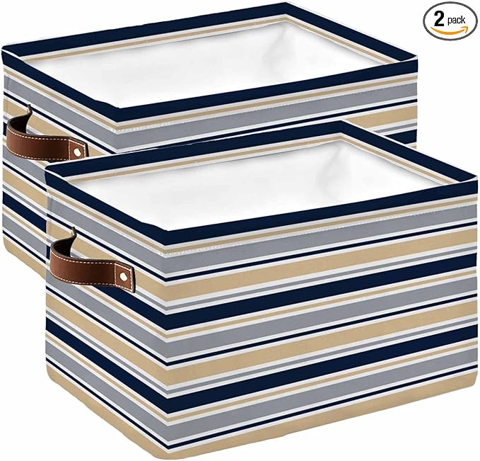 Khaki Grey Striped Storage Bins Cubes Waterproof Cloth Storage Basket,Navy Blue Farmhouse Stripes Abstract Art Foldable Storage Bags for Shelf Storages Organizers with Handles 15x11x9.5 in 2PCS