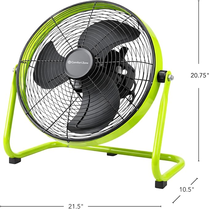 Comfort Zone 18-Inch High-Velocity Industrial Floor Fan, Heavy-Duty 3-Speed Metal Shop Fan with 180° Adjustable Tilt & Carry Handle, Quiet Vibration-Free Cooling for Garage, Workshop, & Home