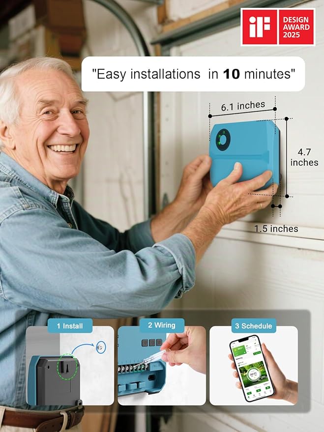 Smart Sprinklers Controller WiFi, Irrigation Controller Easy Use App Enabled, 4 Zone + 16 Plans, Save Water Auto Skip Rain, Freeze & Wind, 10 Minutes Install