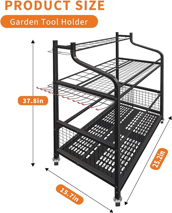 Garden Tool Organizer, Yard Tool Organizer with Wheels, Metal Yard Tools Storage, Heavy Duty Garden Tool Organizer for Garage, Partitioned Tool Organizer and Storage for Garage, Tool Stand, Outdoor
