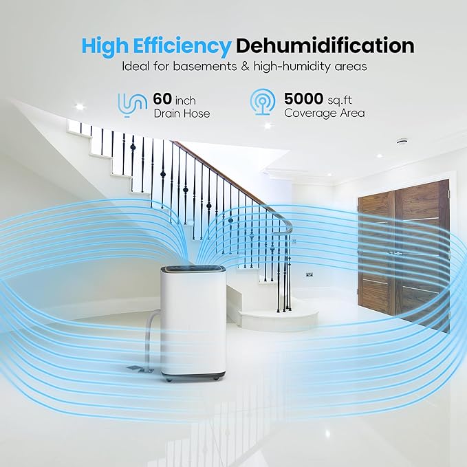 5000 Sq.Ft Dehumidifier, 52PT/24H Dehumidifiers with Drain Hose for Basement, Large Compressor Dehumidifier for Basement/Laundry/Bedroom/Office, Dehu/Dry/Air Mode, Humidity Display/Timer/Child Lock