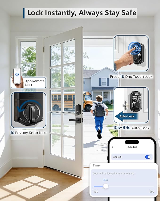 TEEHO TE011W Wi-Fi Keyless Entry Door Lock with Keypad - Smart Deadbolt Lock for Front Door with 2 Keys - Remote Control, Works with Alexa & Google, APP Unlock - Easy Installation - Matte Black