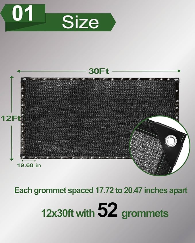 vensovo 50% Sunblock Shade Cloth Net Black Resistant - 12x30 Ft Garden Shade Mesh for Plant Cover, Greenhouse, Chicken Coop, Kennels, Tomatoes Plants