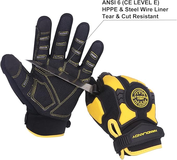 HANDLANDY HLDD Heavy Duty Work Gloves, TPR Protector Impact Gloves, Men Anti Vibration Mechanic Work Glove TouchScreen