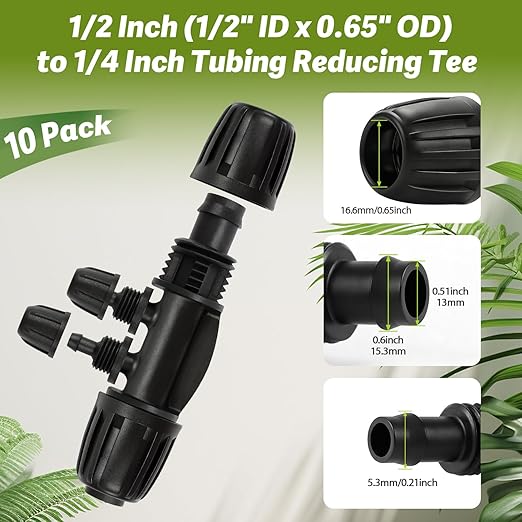 10 Pack 1/2" To 1/4" Drip Irrigation Fittings, 1/2 Inch (1/2" ID x 0.6-0.65" OD) Drip Line to 1/4 Inch Irrigation Tubing Barbed Adapter Anti-Drop Locked Nut Barbed Reducer 4 Way Tee Connectors