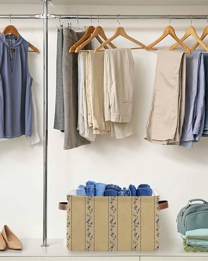 Khaki Flower Branch Storage Bins Cubes Waterproof Cloth Storage Basket, Spring Summer Farmhouse Botanical Foldable Storage Bags for Shelf Closet Clothes Organizers with Handles 15x11x9.5 in 1PCS
