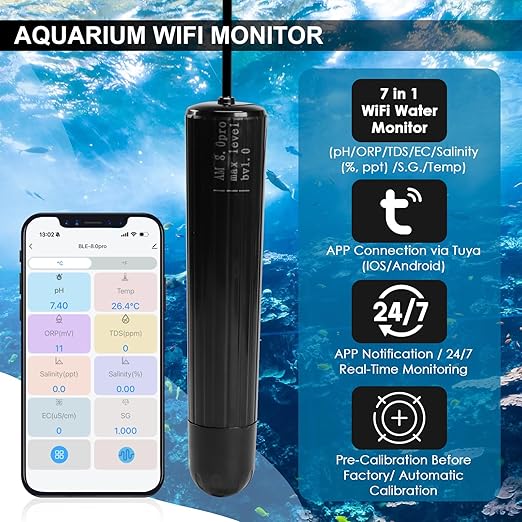 Water Quality Tester 7-in-1 WiFi Aquarium Probe Water Monitor for pH, Temp, TDS, Salinity, EC, ORP, S.G with Real-Time Alerts via App for Fish Tanks, Hydroponics, Pools