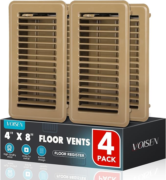 VOISEN Floor Register 4x8, 4 Pack Floor Vent Covers, Steel Adjustable Air Supply Grille Register Vent Cover Grill for Sidewall and Floor, Vent Covers for Home Floor,Brown