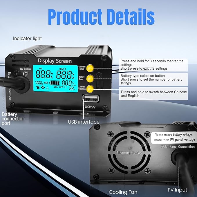 900W SmartSolar MPPT Boost 24V/36V/48V/60V/72V MPPT Solar Charge Controller LCD Display Solar Panel Regulator for Sealed Flooded AGM Gel LFP User Batteries, Ideal for Golf Carts Electric Vehicles RVs