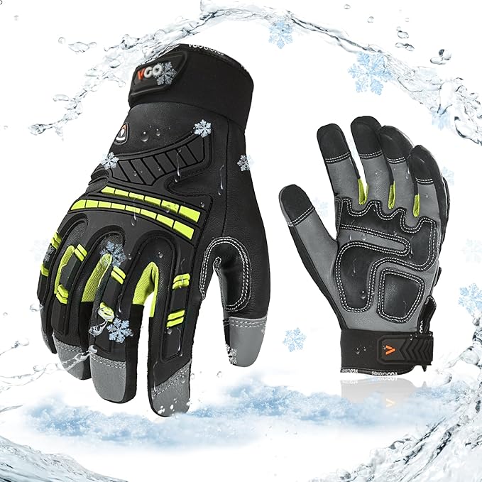 Vgo... -4℉ or above Winter Waterproof High Dexterity Heavy Duty Mechanic Glove, Anti-vibration, Anti-abrasion, Touchscreen (1 Pair,L,Green,GA8954FW)