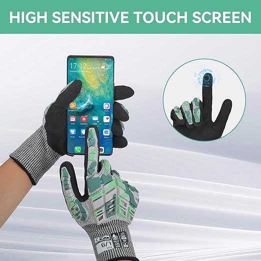 Safety Work Gloves, Impact Gloves for Men Women, Cut Resistant Non-Slip Heavy Duty Gloves with Nitrile Grip, Touch Screen Glove with Impact Protection for Mechanic Construction, Large, Camo