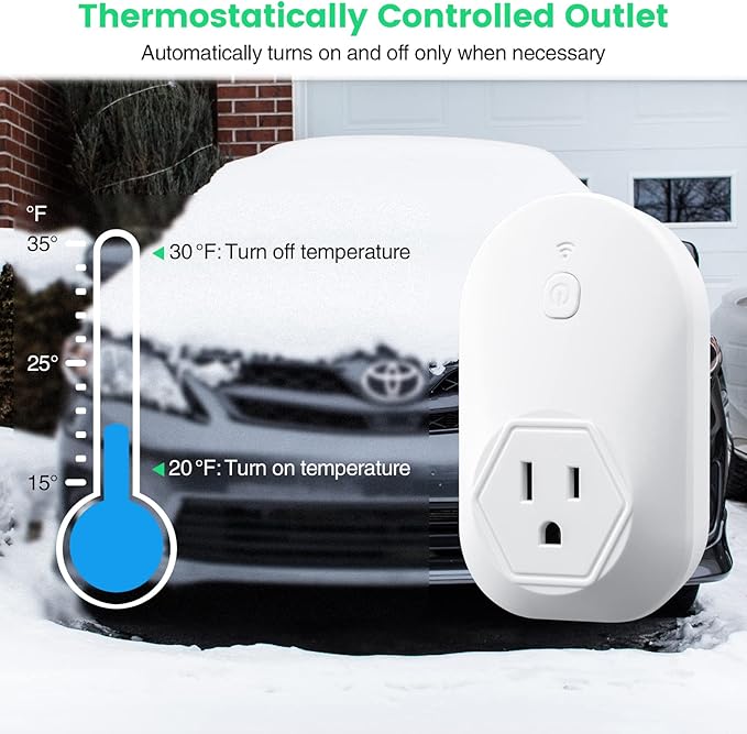 Thermostatically Controlled Outlet, Plug-in Freeze Protection Thermostat for Automotive Applications, Automatically Turn On at 20°F and Off at 30°F