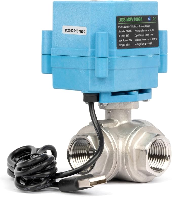 U.S. Solid WiFi Smart Motorized Ball Valve 1/2 inch NPT for Water Control & Irrigation, 3 Way 304SS Electric Valve, USB Plug, LED Indicator, Flow Direction Window, Remote On/Off Control, NSF Certified