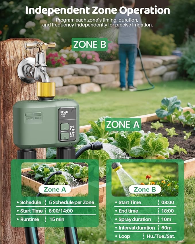 WiFi Water Timer 2 Zone for Garden Hose, Smart Sprinkler Timer with 984ft RF Range, Brass Water Inlet, APP/Voice Control, Rain Delay, Automatic/Manual Irrigation