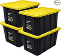 Ramtuff 4 Pack Heavy Duty Stackable Storage Container with Snap-Tight Lid, Resistant To Weather Organization Tote, 27 Gallon, Black and Yellow