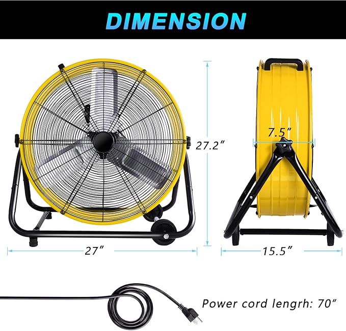 WARMLREC 24" Industrial Floor Fan, 8900 CFM High Velocity Drum Fan with 3 Speeds, Portable Heavy Duty Industrial Fan for Warehouse, Workshop, Factory, Commercial, Residential and Greenhouse Yellow