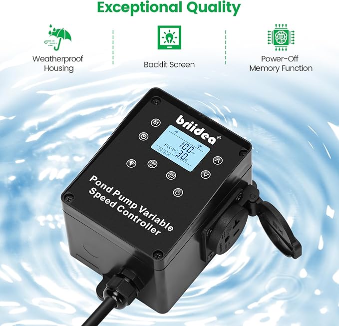 briidea WiFi Variable Speed Waterfall Pump Controller with App Control, Timer, 3 Modes, 10 Level Flow Control, LCD Display, Compatible with PGPSPEPAPBPCTT Series Pumps up to 900W for Koi Ponds, HSCR