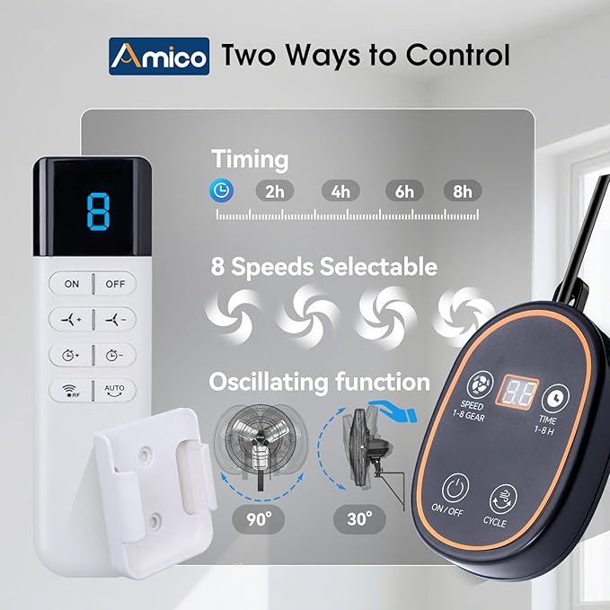 Amico 30 Inch Heavy Duty Wall Mounted Fan with Remote Control, DC Motor, 8 Speeds, High Velocity, Indoor/Outdoor Oscillating Industrial Shop Fan with Timer for Gym, Patio,Garage, Warehouse